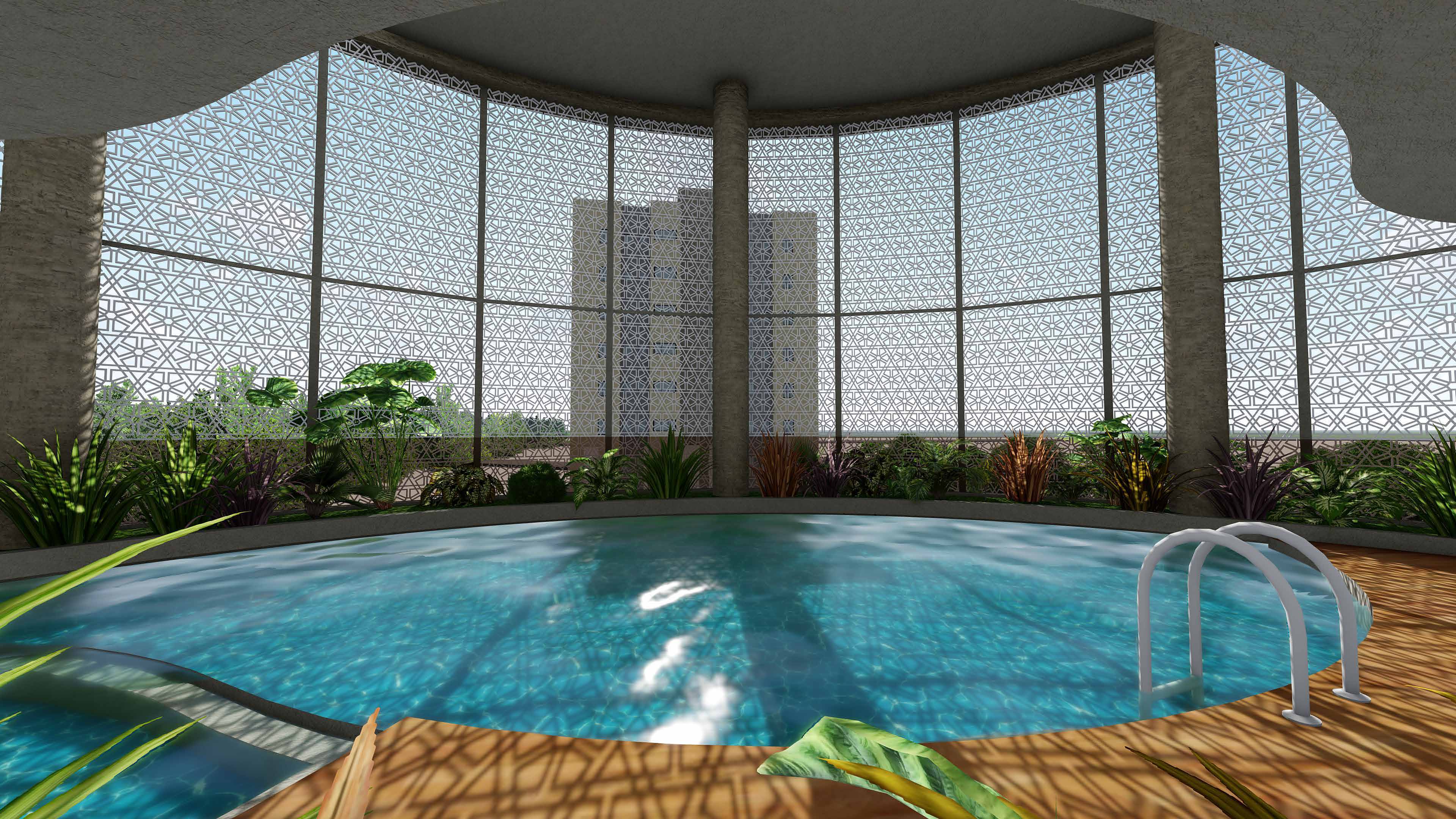 Pool with mashrabiya screen at TRU Meadows